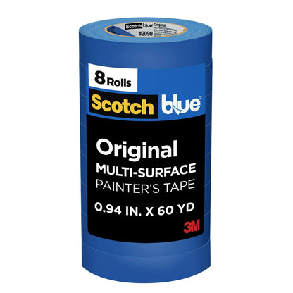 ScotchBlue Cinta de pintor, 0.95 pulgadas de ancho x 60 yardas, 8 rollos, azul, multisuperficie, interior/exterior, 45% recursos renovables, sin residuos, bricolaje, vidrio, madera, 0.95 pulgadas,