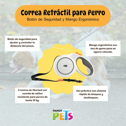 Fancy Pets Correa Retráctil para Perros Spiro Color Blanca Tamaño Chica con 3 Metros de Longitud