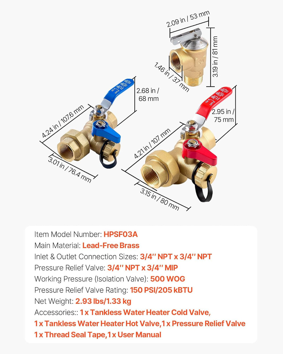 VEVOR Kit para Calentador de Agua, Kit de válvula de Servicio para Calentador de Agua sin Tanque de 3/4 Pulgadas con 2 válvulas de Aislamiento de 3/4″ NPT a 3/4″ NPT, válvula de Alivio de presión