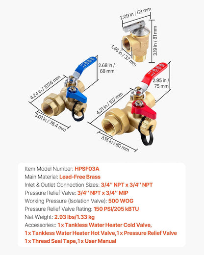 VEVOR Kit para Calentador de Agua, Kit de válvula de Servicio para Calentador de Agua sin Tanque de 3/4 Pulgadas con 2 válvulas de Aislamiento de 3/4″ NPT a 3/4″ NPT, válvula de Alivio de presión