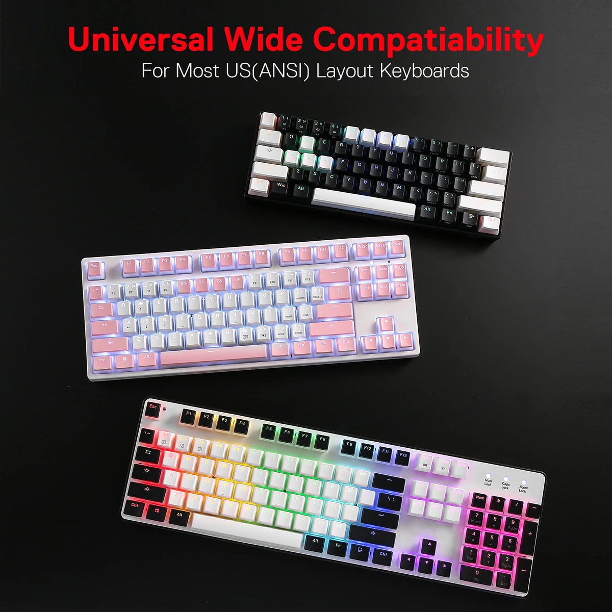 Redragon A130 - Teclas de pudín Negro, Juego de 104 Teclas estándar Doble PBT con Capa translúcida para Teclado mecánico, Perfil OEM, diseño ANSI en inglés (EE. UU.)
