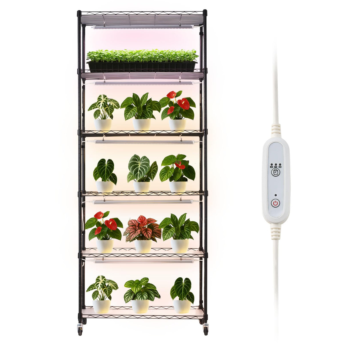 VEVOR Soporte para Plantas con Luz de Cultivo 6 Niveles 180 cm 150 W, Estante para Plantas con Ruedas, Temporizador de 4/9/14 H, 3 Modos de Iluminación, para Crecimiento de Planta, 750x350x1800 mm