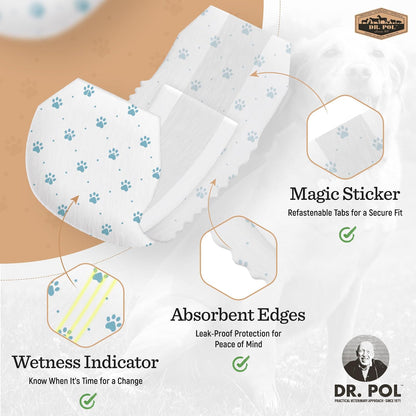 Dr. Pol - Pañales para Perros Macho, superabsorbentes, Transpirables, a Prueba de Fugas con indicador de Humedad, Mediano, 50 Unidades