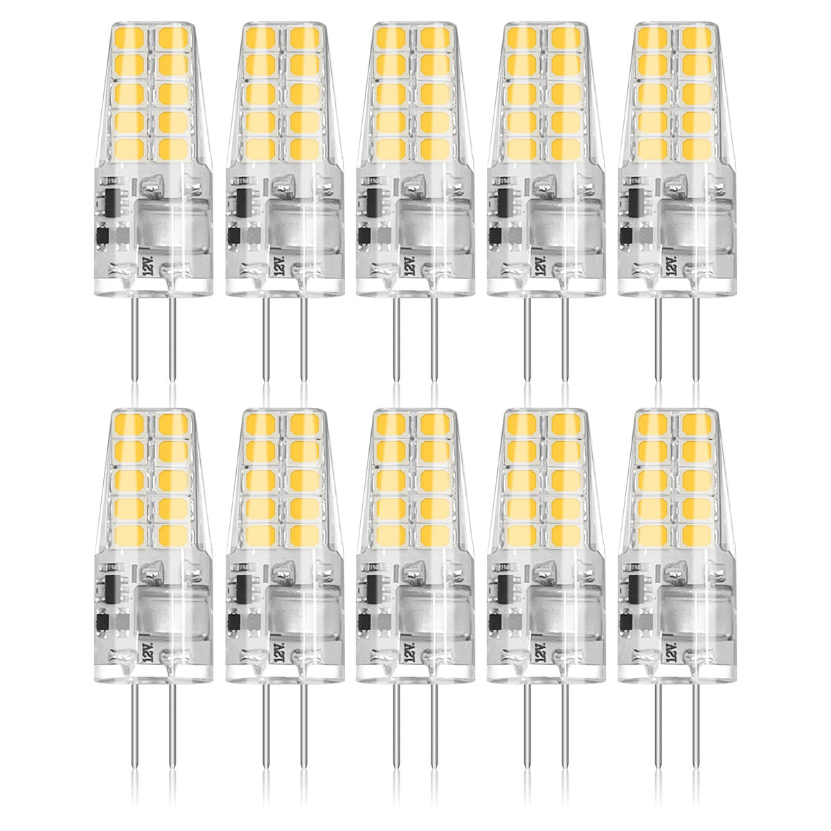 BUBO - Paquete de 10 bombillas LED G4 equivalentes a 30 W, 3000 K, blanco cálido, 250 lúmenes, ángulo de haz de 360 °, foco halógena T3, bombillas de paisaje de repuesto, luces LED AC/DC de 12 V, base