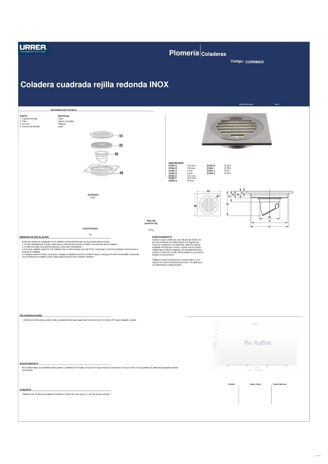 URREA CCRRINOX Coladera Cuadrada INOX, Rejilla Redonda INOX, Coladera con Rejilla, Latón