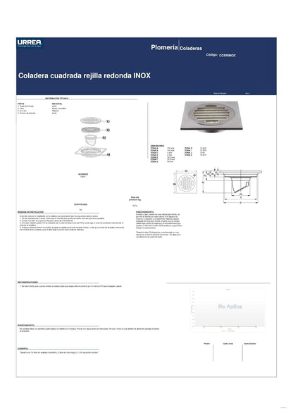URREA CCRRINOX Coladera Cuadrada INOX, Rejilla Redonda INOX, Coladera con Rejilla, Latón
