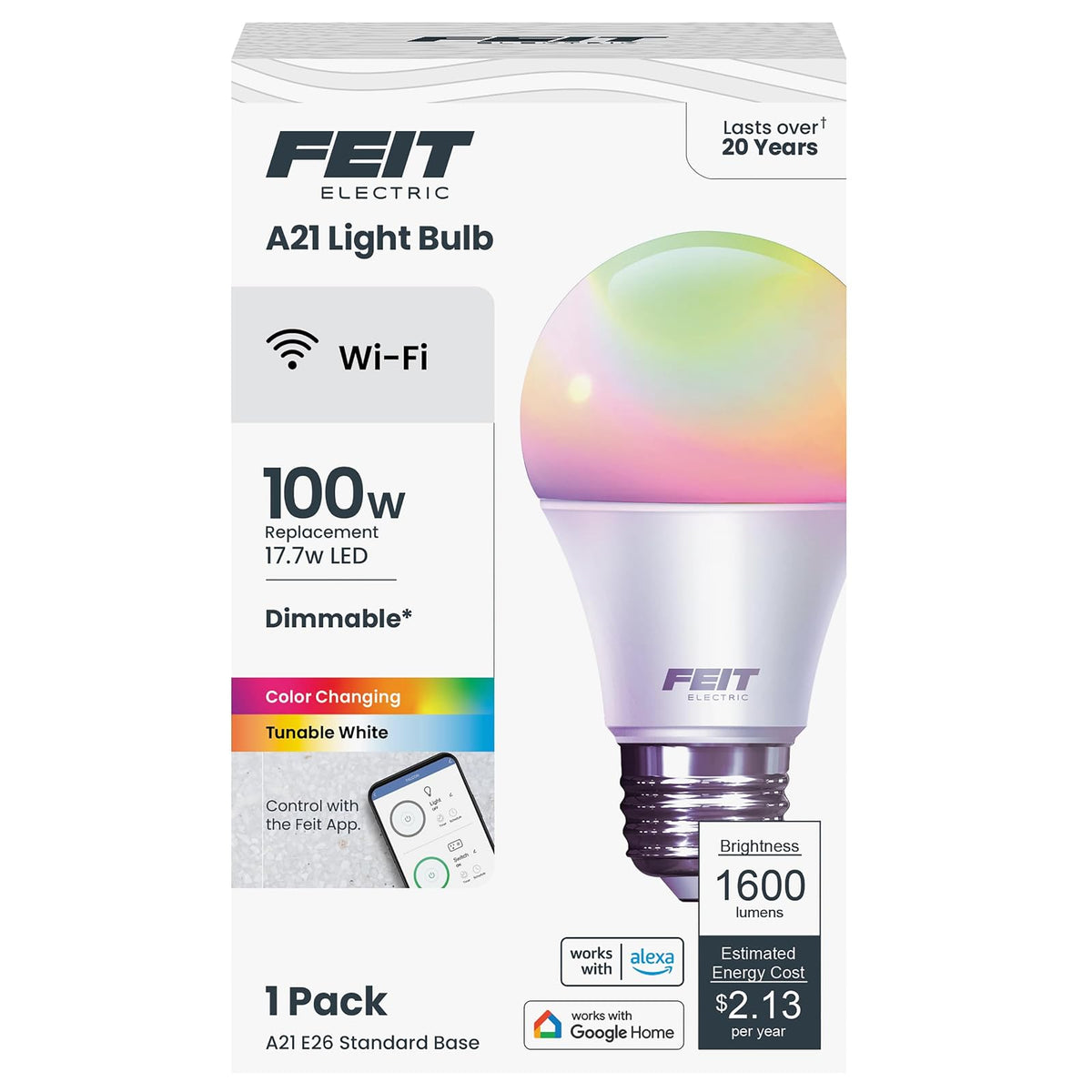 Feit Electric Foco LED Inteligente WiFi, Cambia de Color, Sin Hub - 1 Unidad (Paquete de 1) - A19 - 100 watts