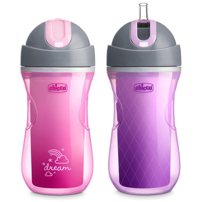 Chicco - Taza para beber con aislamiento de doble pared con popote de silicona y tapa sin derrames, apto para lavaplatos, fácil de sostener, ergonómica, color rosa y morado, 2 unidades más de 12 meses