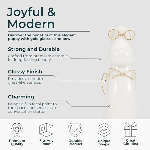 Sagebrook Home Figura de cerámica para Cachorros de 7 Pulgadas con anteojos y Pajarita, Escultura contemporánea de Perro Blanco y Dorado para decoración de Mesa del hogar u Oficina