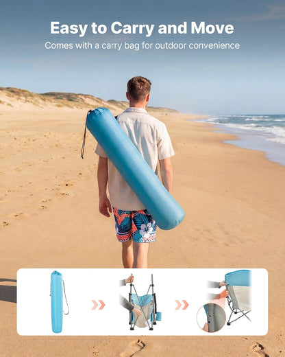 VEVOR Silla de Playa Plegable, Paquete de 2, Capacidad Máxima de 150 kg con Respaldo Alto de Malla, Almohada, Silla de Camping Portátil, Resistente con Portavasos para Exteriores Barbacoa Aire Libre