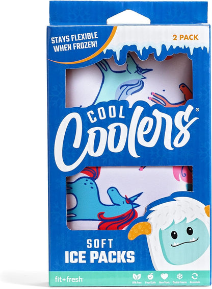 Cool Coolers by Fit & Fresh - Paquete de 2 Unidades de Hielo Suave, Nailon elástico Flexible, Bolsas de Hielo Reutilizables para loncheras y enfriadores, Rayas de Unicornio