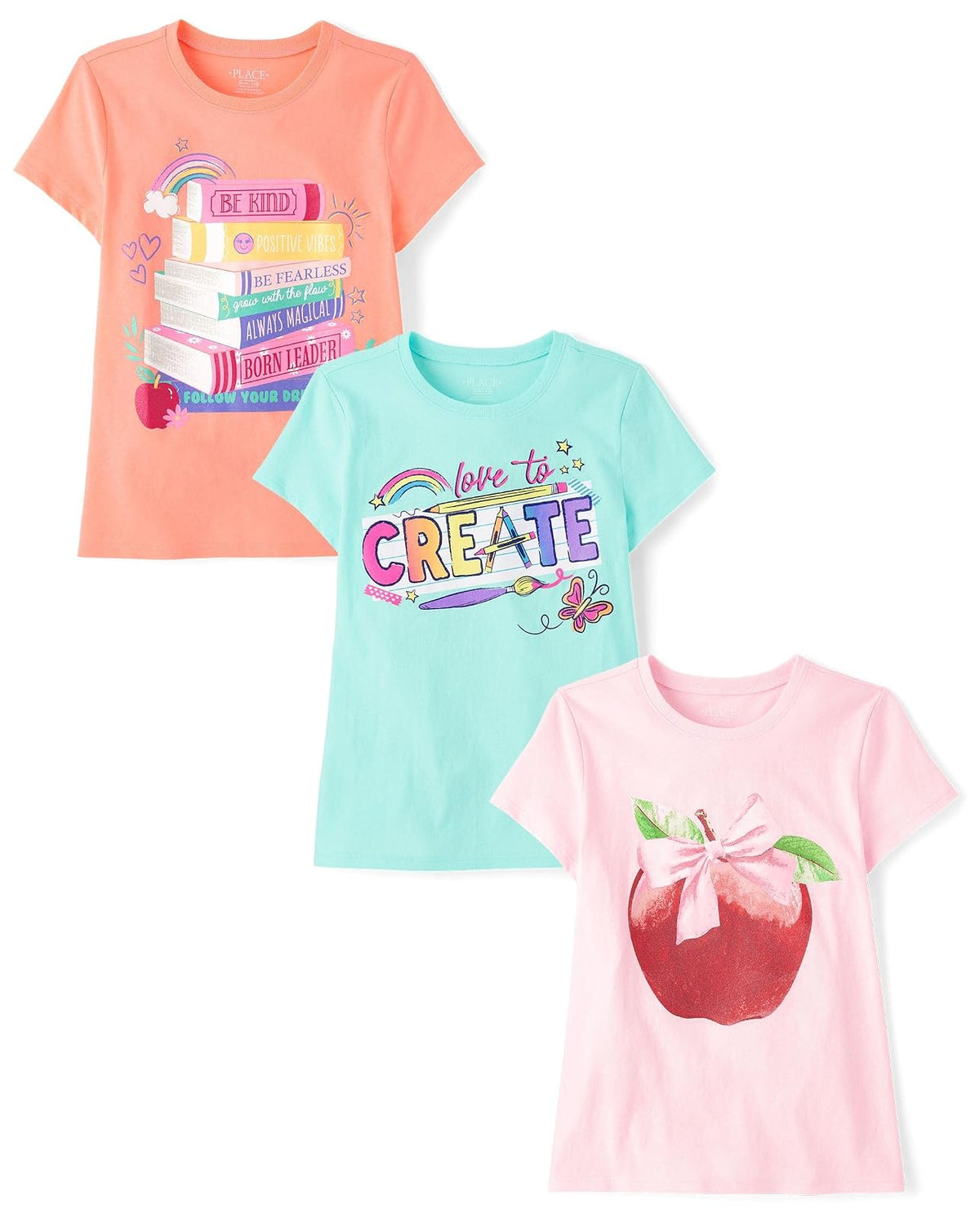 The Children's Place - Camisetas de Manga Corta para niñas, diseño gráfico de días Escolares, Paquetes múltiples, Paquete de 3 Paquetes de 3 Primeros días