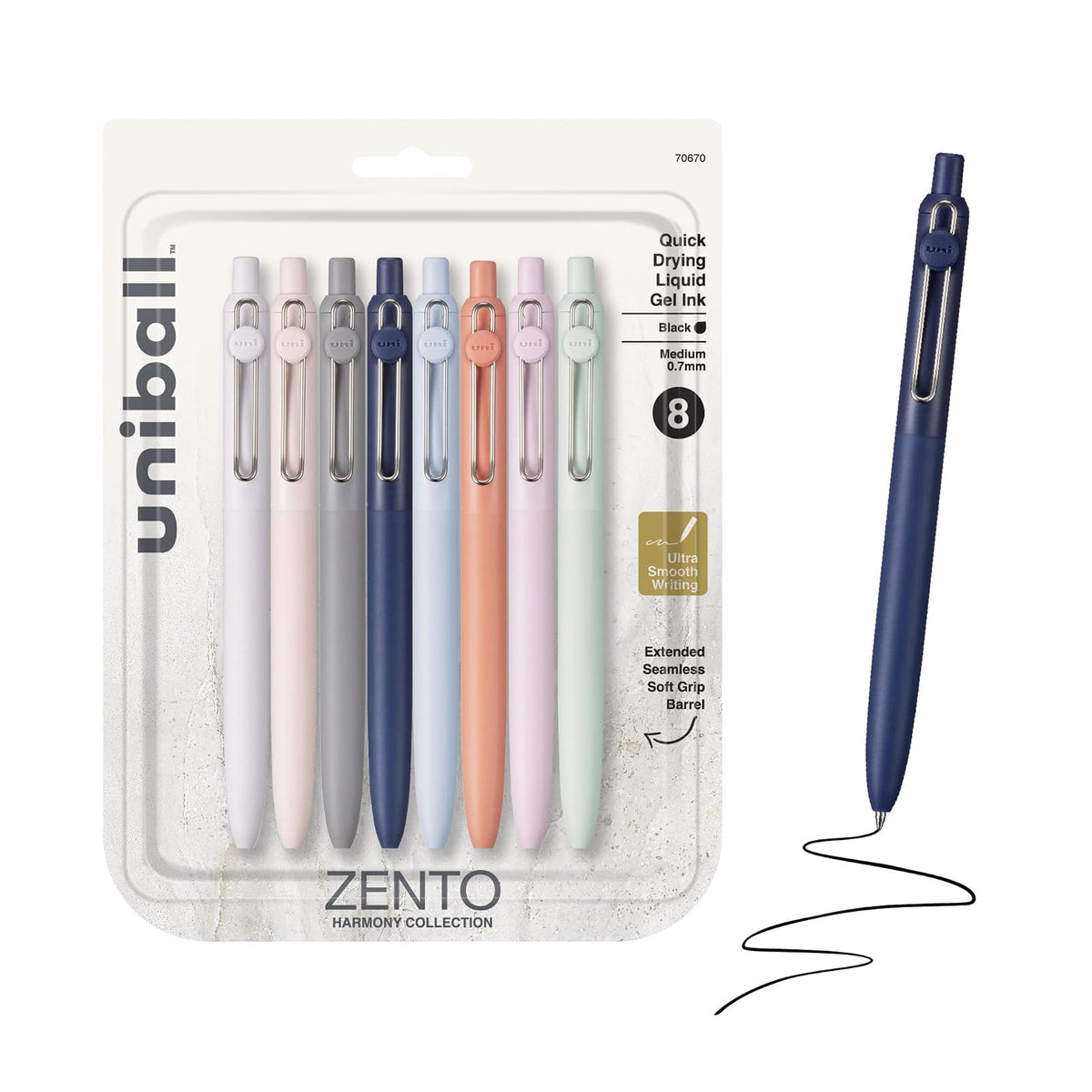 Uni-ball Zento Bolígrafos de Gel 0,7 mm | Negra, 8 unidades, secado rápido, sin manchas, agarre reciclado