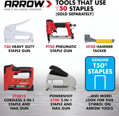 Arrow Fastener 504IP - Grapas T50 resistentes para tapicería, construcción, muebles, manualidades, tamaño de corona de 3/8 pulgadas, longitud de pierna de 1/4 pulgadas, paquete de 5000