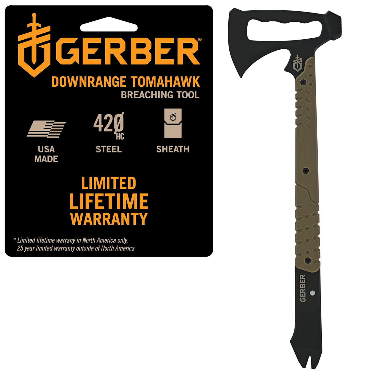 Gerber Gear 30-000715N Tomahawk táctico de Rango descendente, Hacha de Cabeza de Martillo Multiherramienta y Barra Prybar, Funda incluida, café/Negro