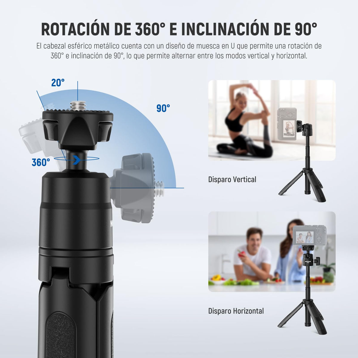 NEEWER Mini Trípode Escritorio Selfie Stick Compatible con iPhone GoPro Insta360 dji con 360° Cabezal Bola Eje Central Elevado, Metal Portátil Pequeña Cámara Webcam Celular Vlog Soporte, TP43 Negro