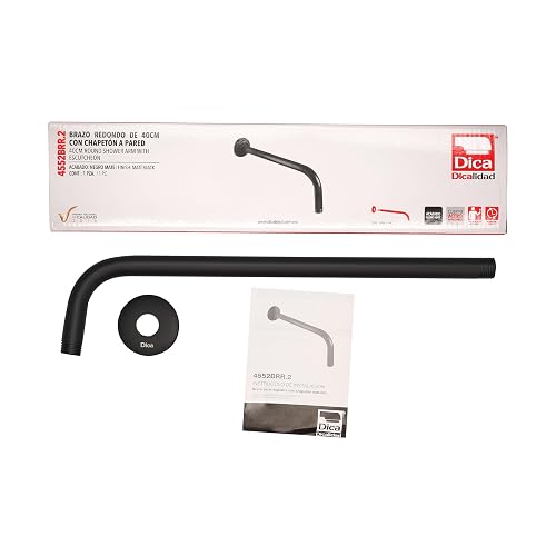 Dica 4552BRR.2 Brazo para Regadera a Pared con Chapetón, Brazo para Ducha de Acero Inoxidable 40 cm, Acabado Negro Mate