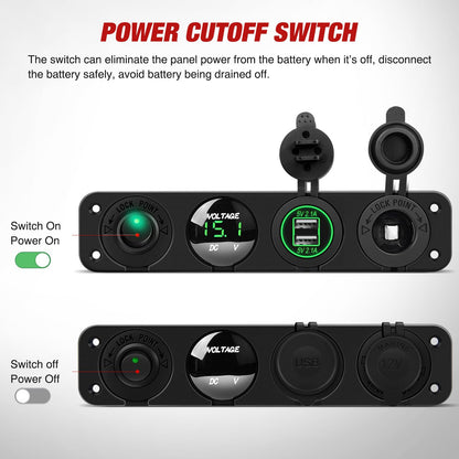 Nilight - Panel de enchufe de carga de encendido/apagado 4 en 1, doble toma USB, toma de corriente, voltímetro LED, enchufe para encendedor de cigarrillos con iluminación LED,