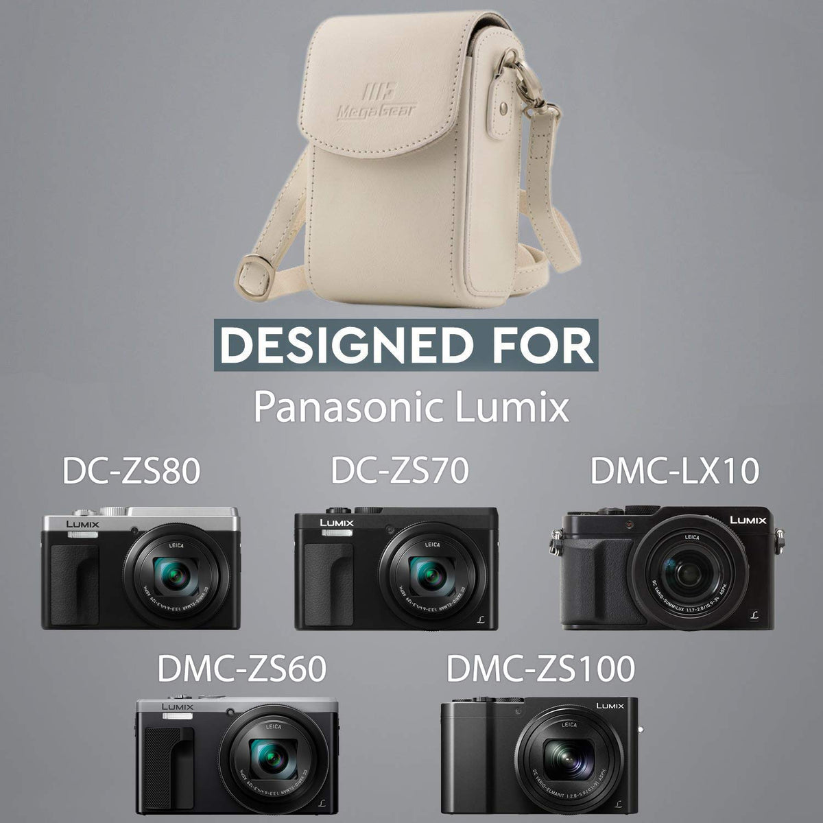 MegaGear MG1414 Estuche de Cuero, con Correa Compatible con Panasonic Lumix DC-ZS80, DC-ZS70, DMC-LX10, DMC-ZS60, DMC-ZS100 - Blanco