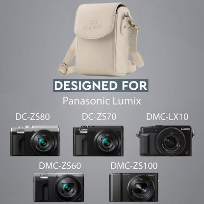 MegaGear MG1414 Estuche de Cuero, con Correa Compatible con Panasonic Lumix DC-ZS80, DC-ZS70, DMC-LX10, DMC-ZS60, DMC-ZS100 - Blanco