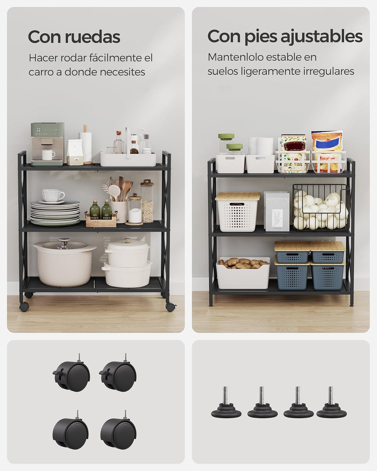 SONGMICS Estantería Metálica de 3 Niveles con Ruedas, 80 cm de Ancho | Estantería de Malla con Marcos Laterales en X, para Entrada, Cocina, Salón, Baño, Negro mate, Colección DACEY MBSC183B01