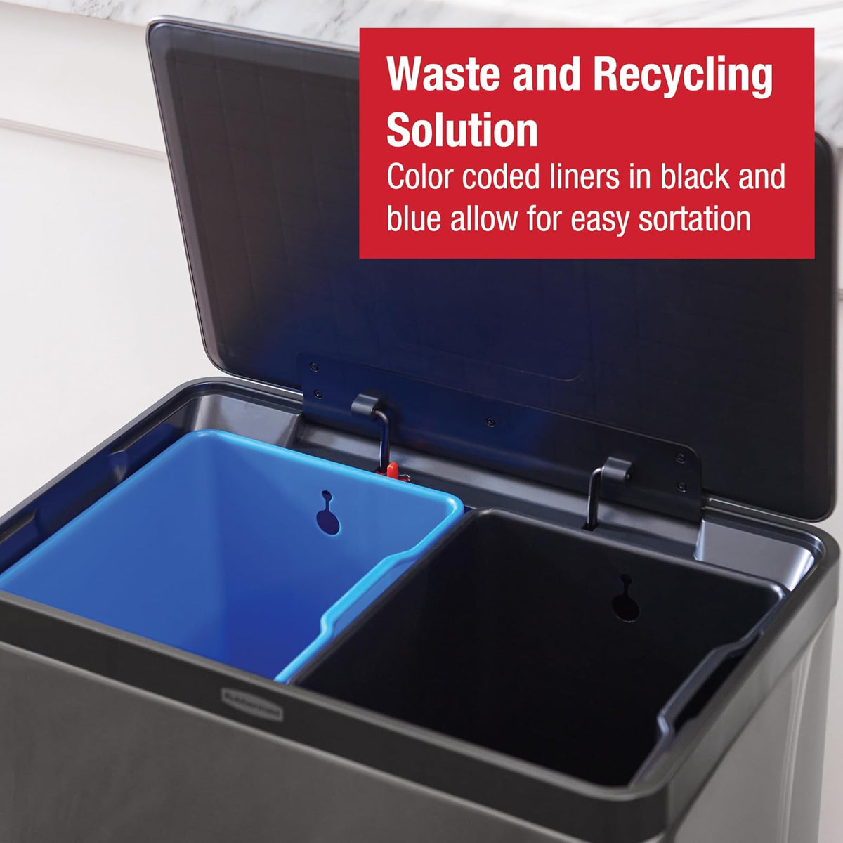 Rubbermaid Elite™ – Contenedor con Pedal de 2 Flujos para Residuos y Reciclaje, Bote de Acero Inoxidable con Liners Codificados por Colores, Capacidad de hasta 40 L, Gris Carbón 2145987