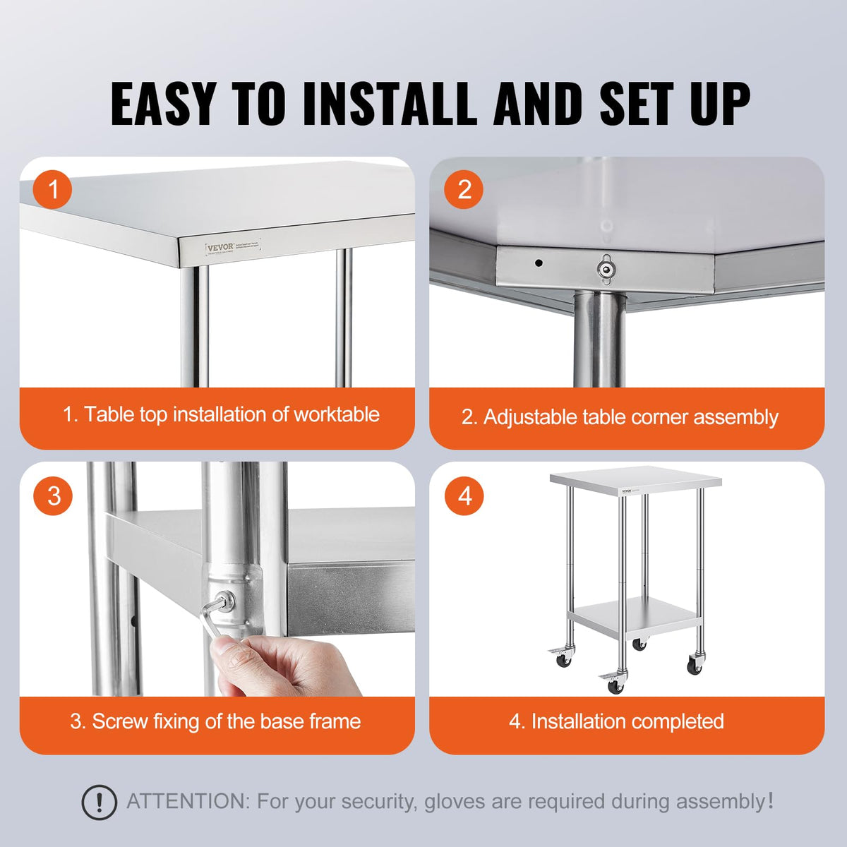 VEVOR Mesa de Trabajo de Acero Inoxidable 61 x 61 x 96,5 cm Mesa de Preparación de Alimentos con 4 Ruedas Mesa de Cocina Estante Ajustable en Altura para Cocina Restaurante Bar Garaje al Aire Libre