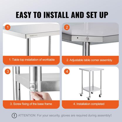 VEVOR Mesa de Trabajo de Acero Inoxidable 61 x 61 x 96,5 cm Mesa de Preparación de Alimentos con 4 Ruedas Mesa de Cocina Estante Ajustable en Altura para Cocina Restaurante Bar Garaje al Aire Libre