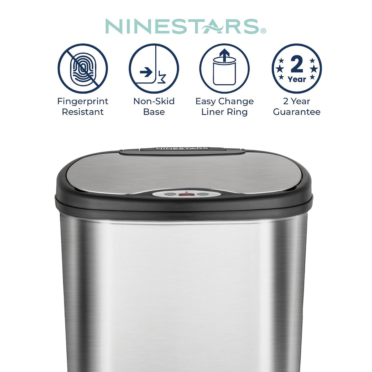NINESTARS DZT-50-13 la papelera original sin contacto con sensor de movimiento automático, parte superior negra, 13.2 galones / 50 L, Acero Inoxidable, Art Deco, Acero inoxidable, 13 Gal. 50 L, 1