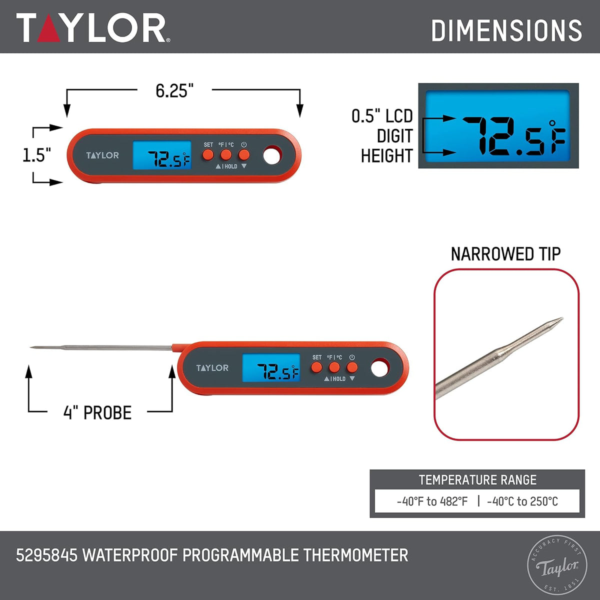 Taylor Digital - Termómetro digital impermeable para alimentos y carne, con una sonda plegable, preajustes programables, visualización retroiluminada para horno, parrilla, ahumador y barbacoa, incluye