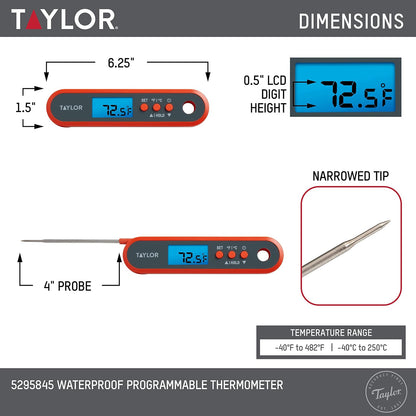 Taylor Digital - Termómetro digital impermeable para alimentos y carne, con una sonda plegable, preajustes programables, visualización retroiluminada para horno, parrilla, ahumador y barbacoa, incluye