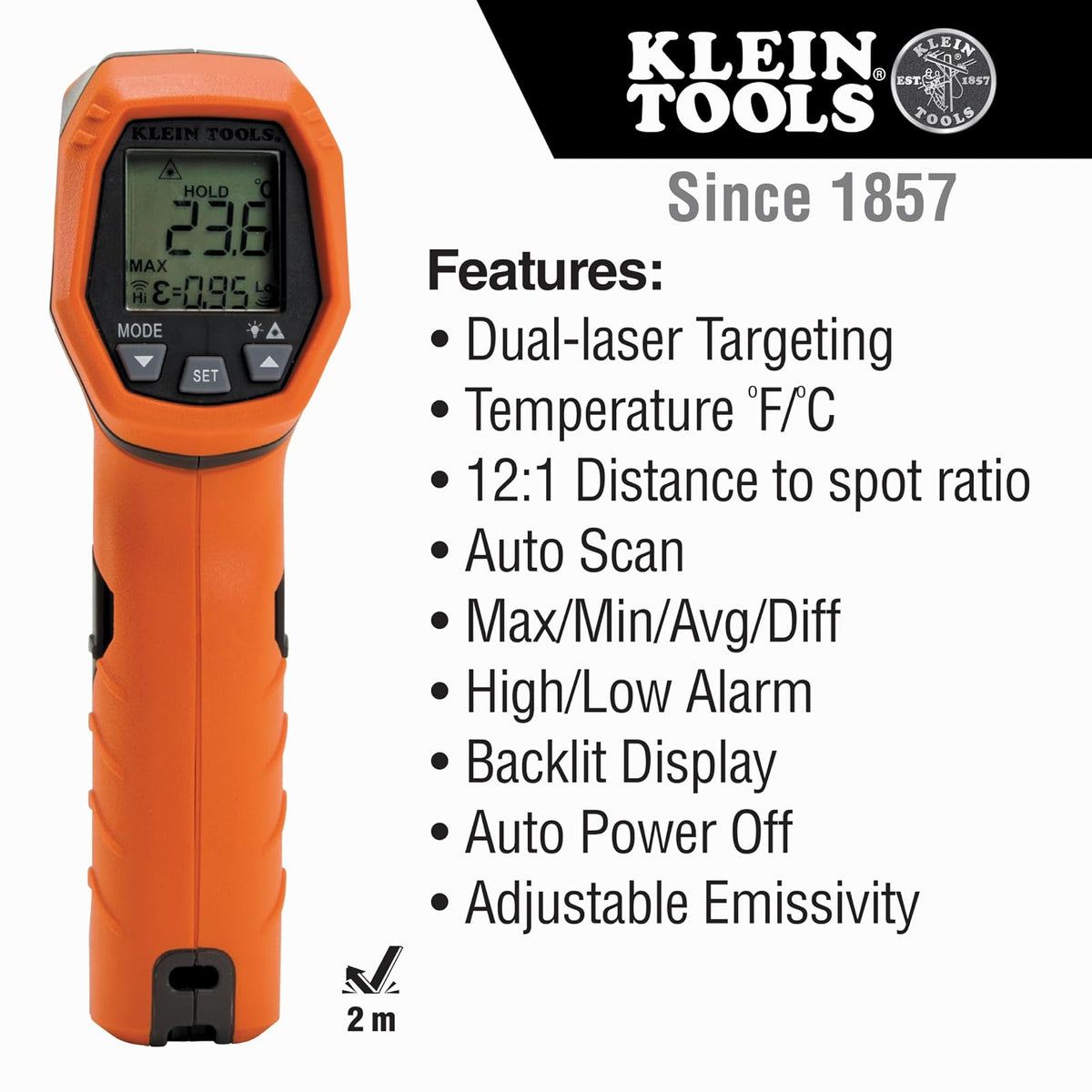 KLEIN TOOLS IR5 | Termómetro Infrarrojo | Doble Láser | Medición Precisa | Termometro de doble láser para medir temperaturas sin contacto de -30 a 400 °C, ideal para trabajos técnicos y eléctricos.