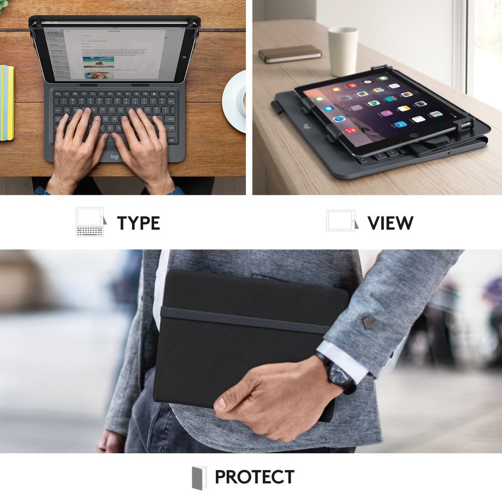 Logitech Universal Folio Funda para iPad o Tablet con Teclado Inalámbrico Bluetooth, para iPad Apple de 9-10 Pulgadas/Tablet Android o Windows, Fácil, Batería hasta 2 Años - Negro