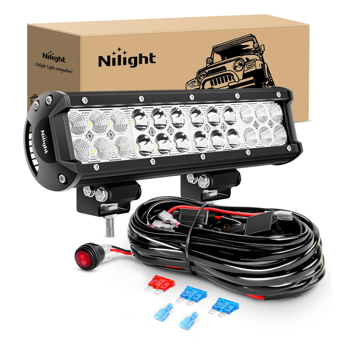 Nilight Barra de luz LED de 12 Pulgadas, 72 W, Combo de inundación con arnés de cableado Todoterreno, 2 años de garantía