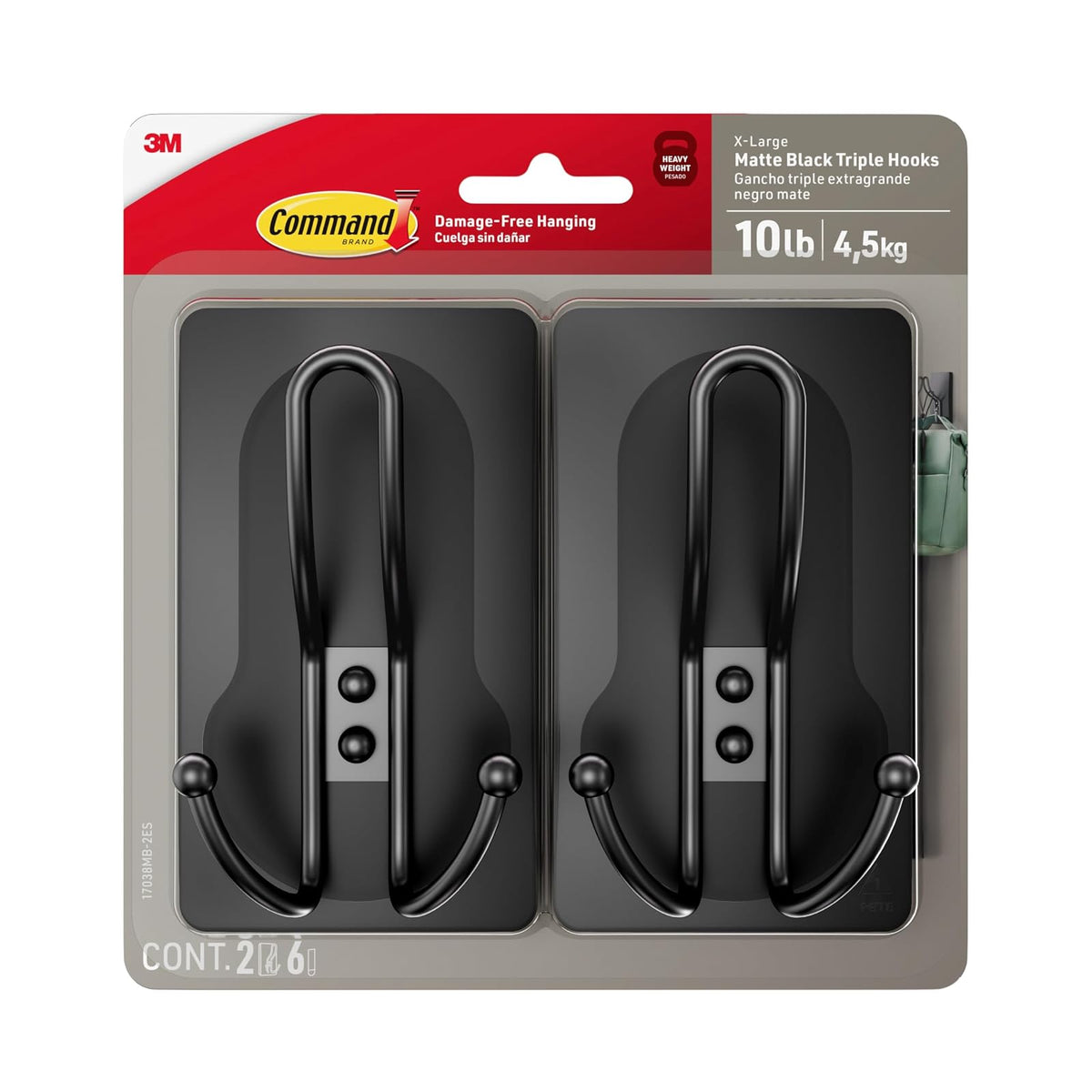 Command XL - Gancho triple negro mate, 2 unidades, 17038MB-2ES, 2 ganchos, 6 tiras