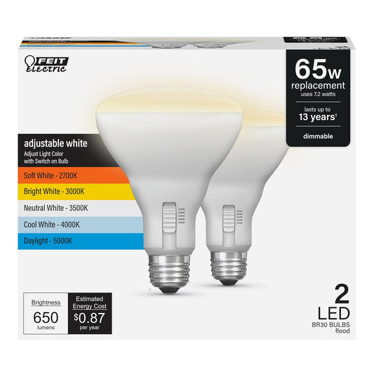 Feit Electric - foco LED BR30, equivalente a 65 W, regulable, 5CCT, base media E26, 90 CRI, 650 lúmenes, blanco ajustable, 13 años de vida, paquete de 2, BR3065DM5CCTCA15K/2