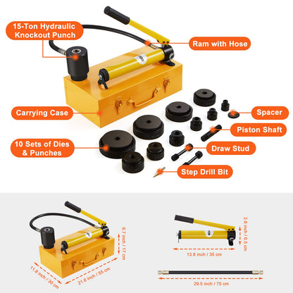 VEVOR Kit de Perforación Hidráulica Presión de 15 T con 10 Punzones Perforadora Hidráulica Manual con Maletín Portátil Kit de Perforadora Hidráulica 22-114 mm para Metal Acero Aluminio Plástico