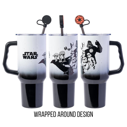 Silver Buffalo Star Wars Hip Street Dark Side Vader - Vaso de acero inoxidable con tapa para popote, tapa, popote y asa, 40 onzas