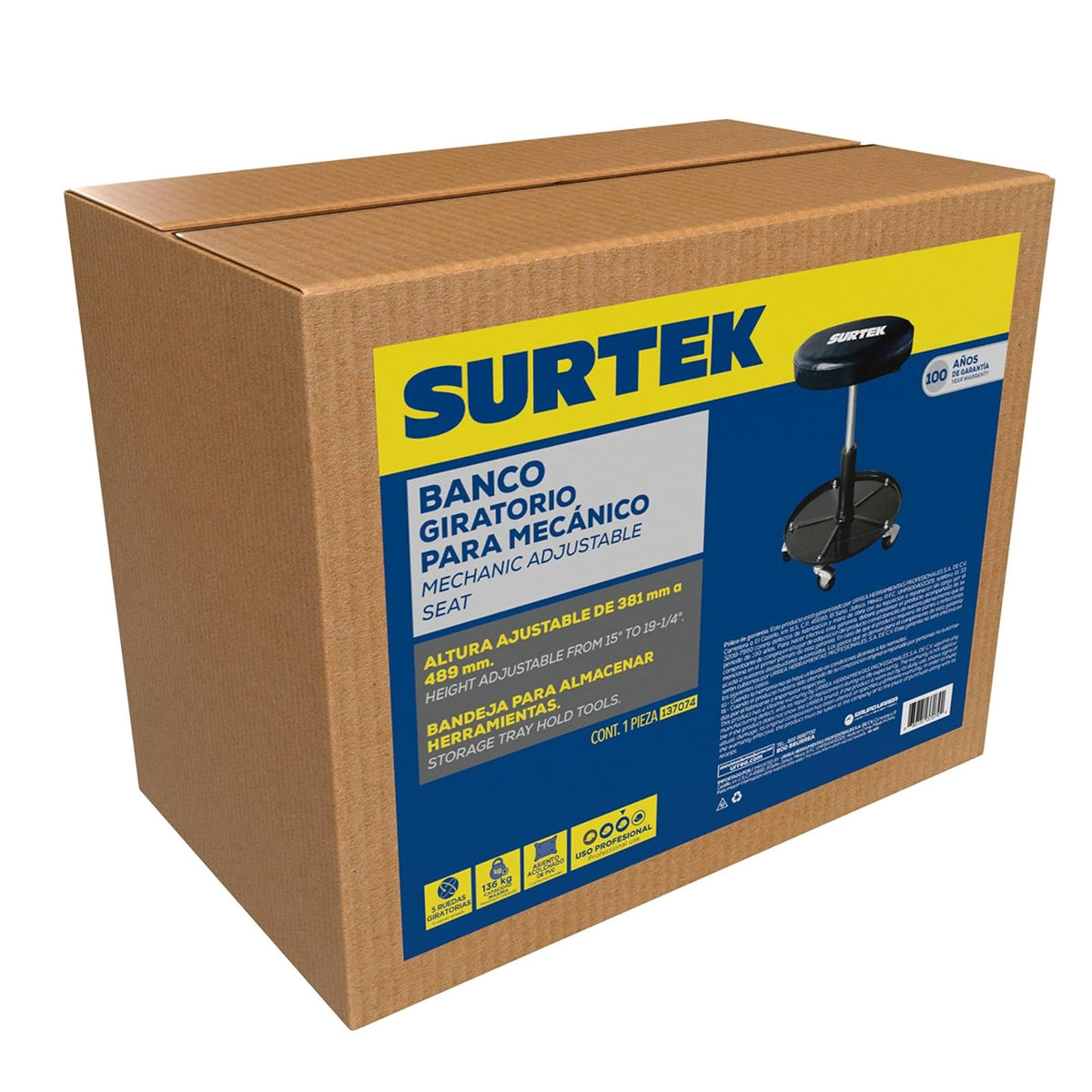 Surtek 137074 Banco para mecánico giratorio acolchonado, 489 mm