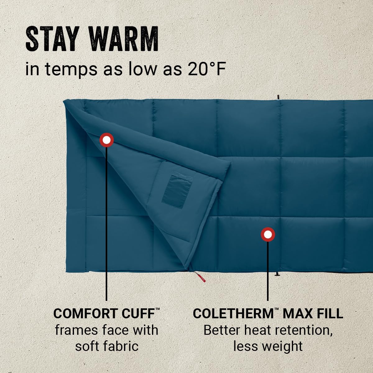 Coleman Kompact - Saco de Dormir para Adultos de 14 °F, Saco de Dormir para Clima Fresco con retención de Calor, Saco de Cosas y Cierre sin enganches, Hecho de Materiales Libres de PFAS