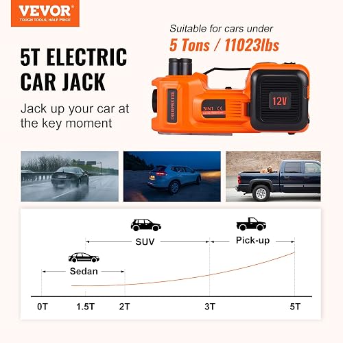 VEVOR Gato Hidráulico Eléctrico 5T 12V Elevador Automático de Automóvil 155-450 mm Gato Elevador con Luz LED Inflador de Neumáticos Set de Recuperación en Carretera Desmontadora de Neumáticos SUV Berlina