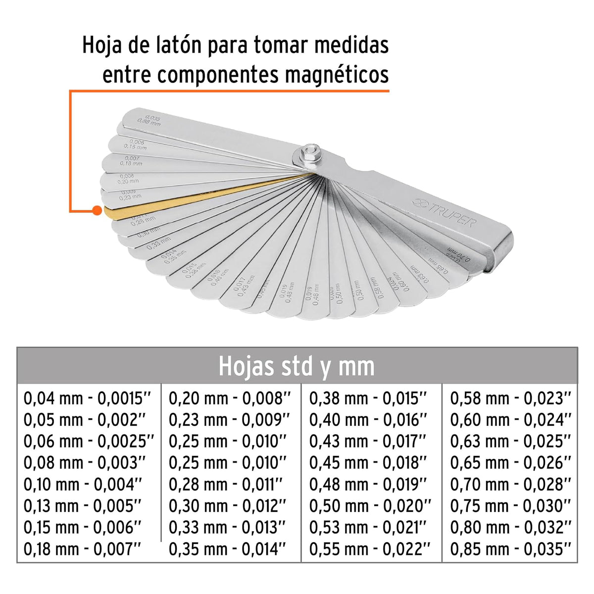 Truper CAL-32, Calibrador de 32 hojas std / mm, fabricadas en acero al manganesio