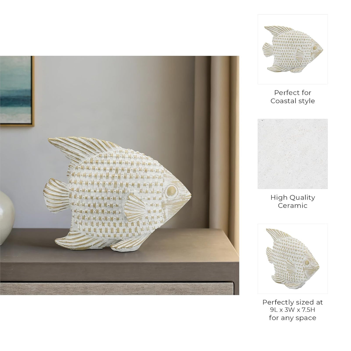 Sagebrook Home Cerámica 7 Pulgadas, decoración de Peces de pie Blanco/Dorado, Novedad, cerámica, contemporáneo, 9 Pulgadas de Largo x 3 Pulgadas de Ancho x 7 Pulgadas de Alto, Tela