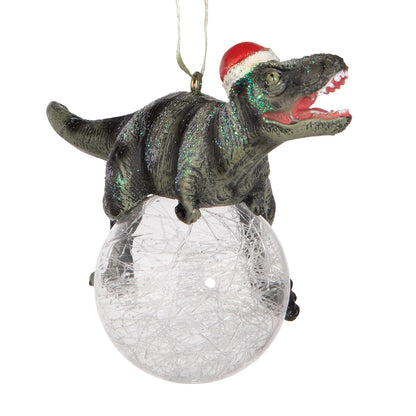 Design Toscano Blitzer The T Rex - Adorno para árbol de Navidad, 5 Pulgadas de Largo, Resina de Piedra fundida con Bola de Vidrio, Acabado Verde con Purpurina