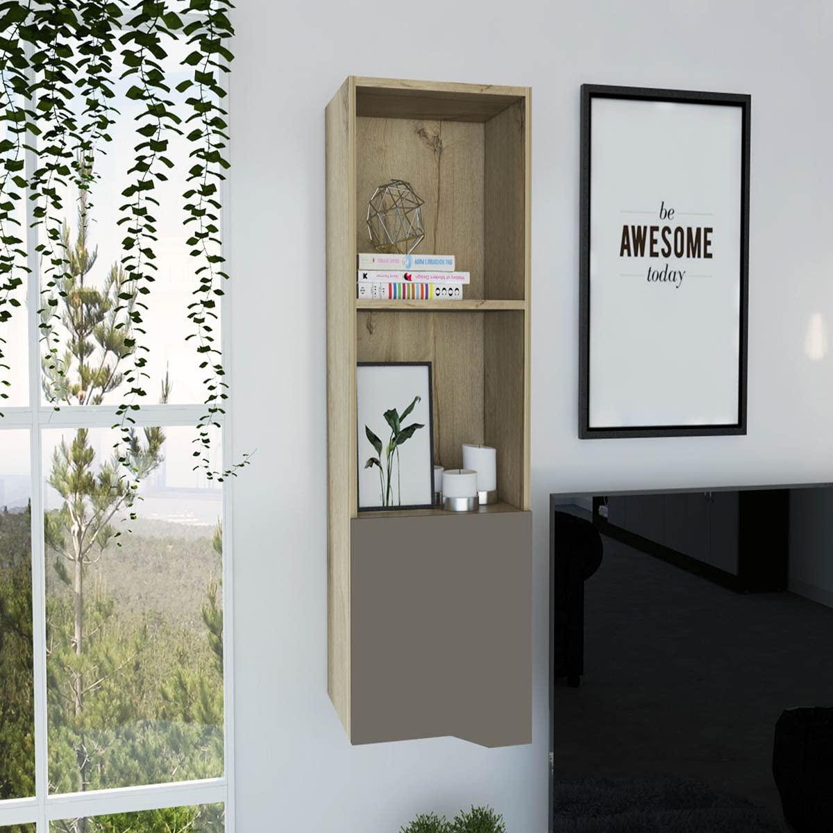 Espacio Excelsior - Espacio Klik KLIK Librero Auxiliar obregon armable, Color Duna con Taupe, Dimensiones 41 Largo X 34 Ancho X 110 Alto cm, Estilo contemporáneo, con Dos entrepaños y una Puerta abatible