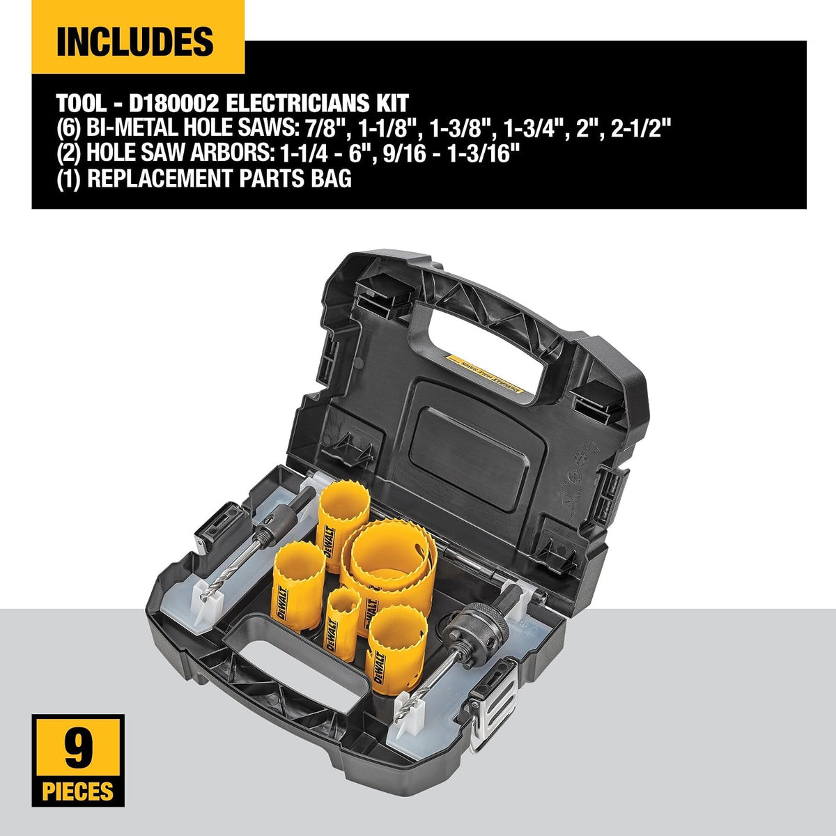 DEWALT Kit de sierra perforadora, juego de electricista estándar, bimetálico (D180002), amarillo