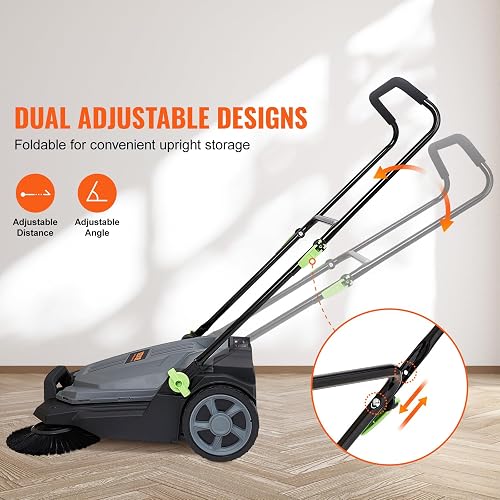 VEVOR - Barrendador de Piso de 65 cm de Ancho de Barrido Manual no eléctrico de 5 galones, Mango Plegable Ajustable en ángulo y Altura para Pasarela, Patio, cochera, Patio, Gris + Negro