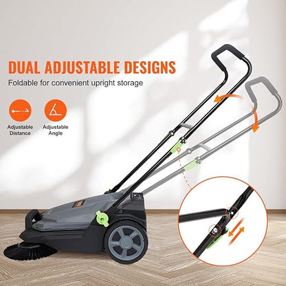 VEVOR - Barrendador de Piso de 65 cm de Ancho de Barrido Manual no eléctrico de 5 galones, Mango Plegable Ajustable en ángulo y Altura para Pasarela, Patio, cochera, Patio, Gris + Negro