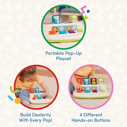 Battat Pop-Up Pals - Juguete Causa-Efecto con Animales | Botones para pulsar, girar, voltear y deslizar; 4 animales desplegables, colores y asa de transporte; 18 meses y +