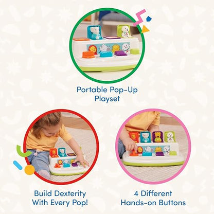 Battat Pop-Up Pals - Juguete Causa-Efecto con Animales | Botones para pulsar, girar, voltear y deslizar; 4 animales desplegables, colores y asa de transporte; 18 meses y +